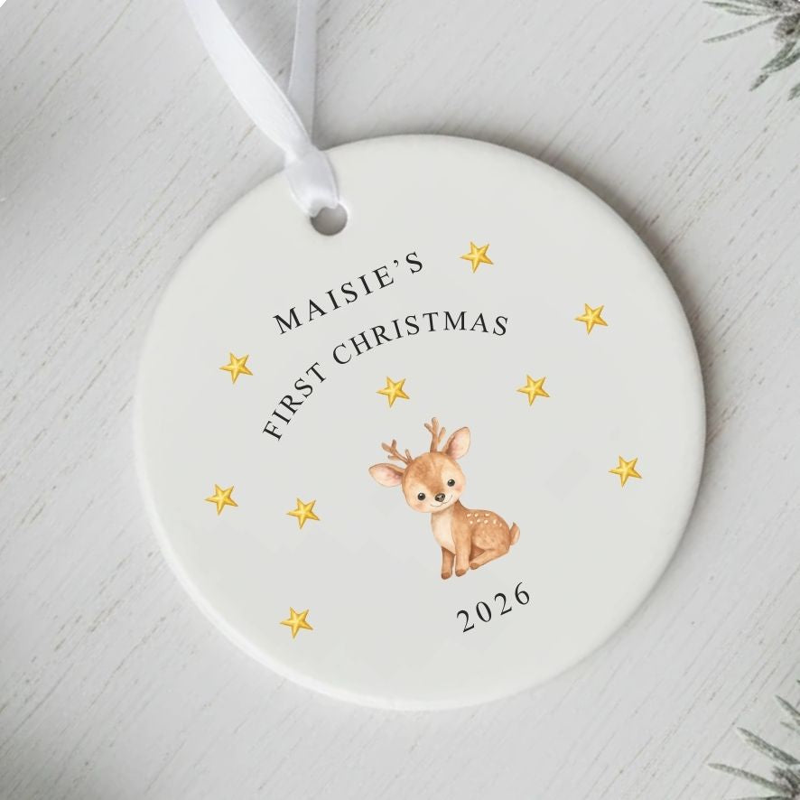Personalised Baby's First Christmas Deer Ceramic Keepsake Bauble Gift