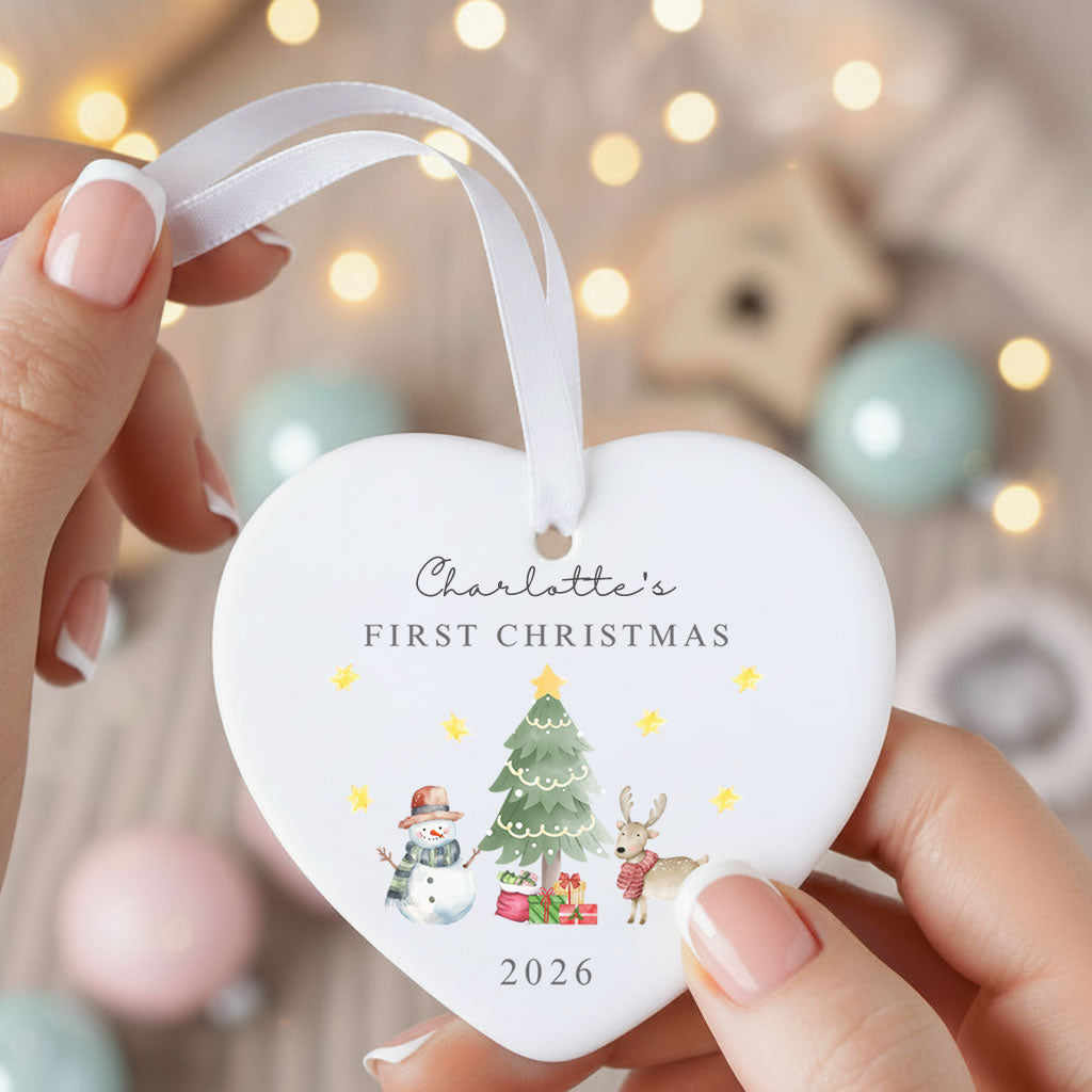 Personalised Baby's 1st Christmas Ceramic Bauble Watercolour Scene