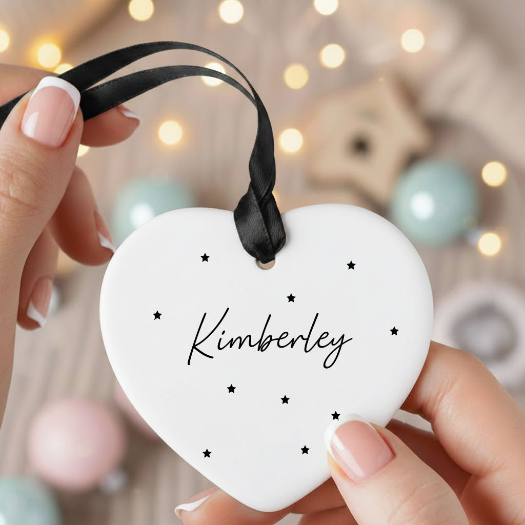 Personalised Name Heart Ceramic Monochrome Christmas Tree Bauble