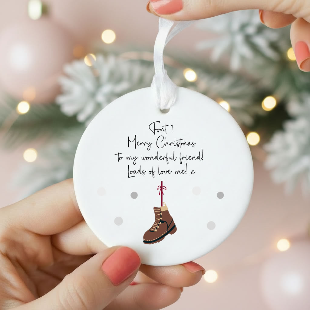 Personalised Wording Hiking Boot Ceramic Christmas Bauble