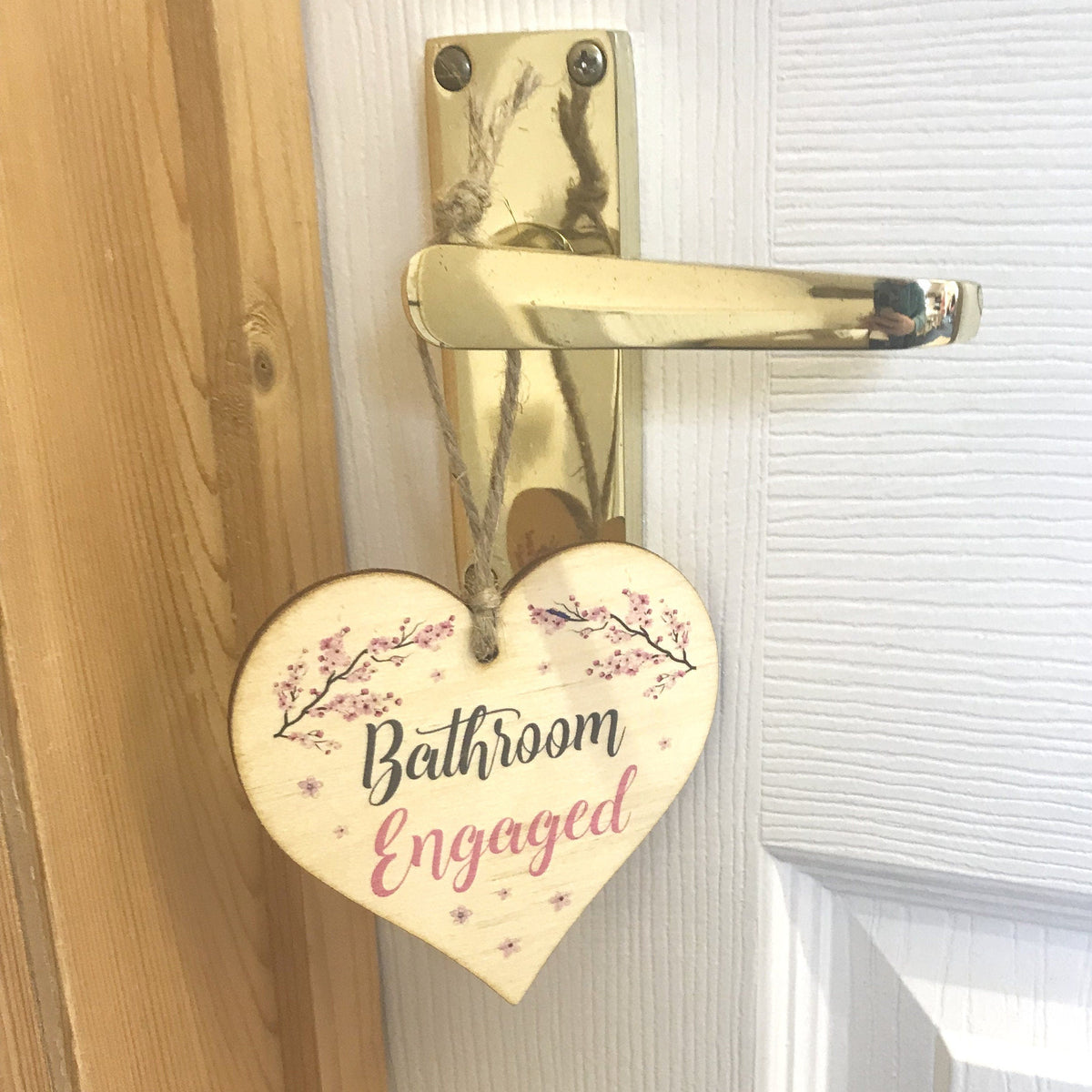 Engaged Vacant Cherry Blossom Bathroom Door - Double Sided Wooden Heart Sign