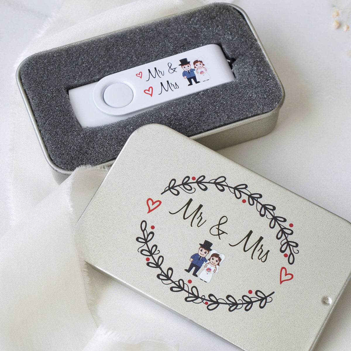 Mr and Mrs Bride and Groom USB Flashdrive In Presentation Tin
