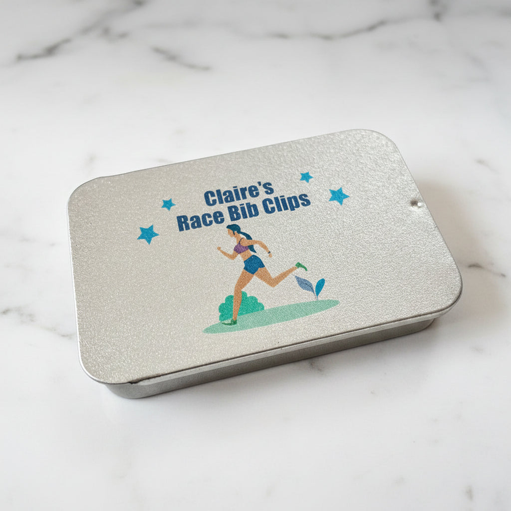 Personalised Name Female Running Bib Clips Metal Tin