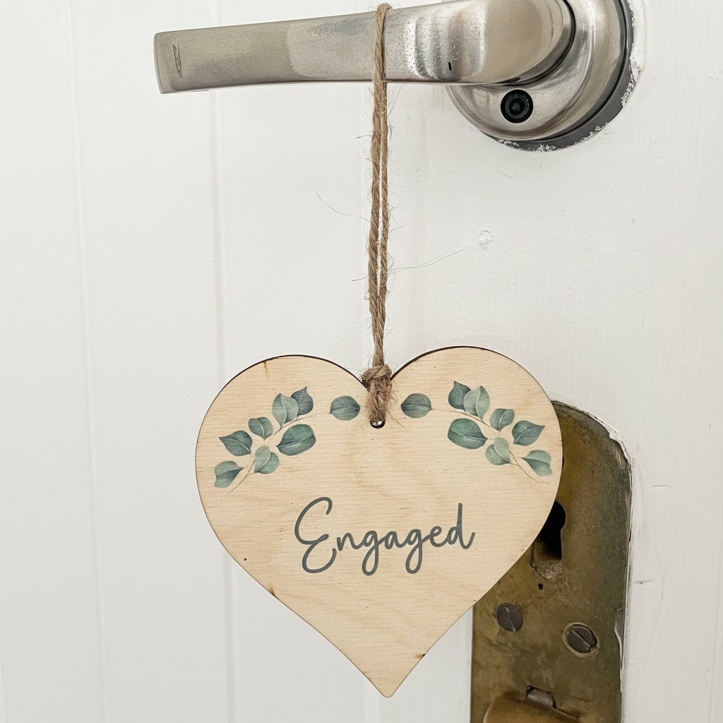 Engaged Vacant Eucalyptus Toilet Door - Double Sided Wooden Heart Sign