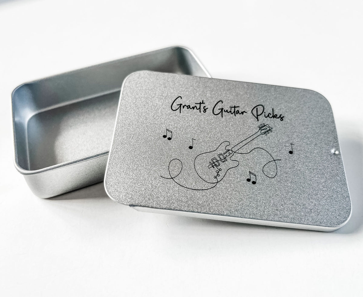 Personalised Name Guitar Picks Pocket Sized Metal Storage Tin