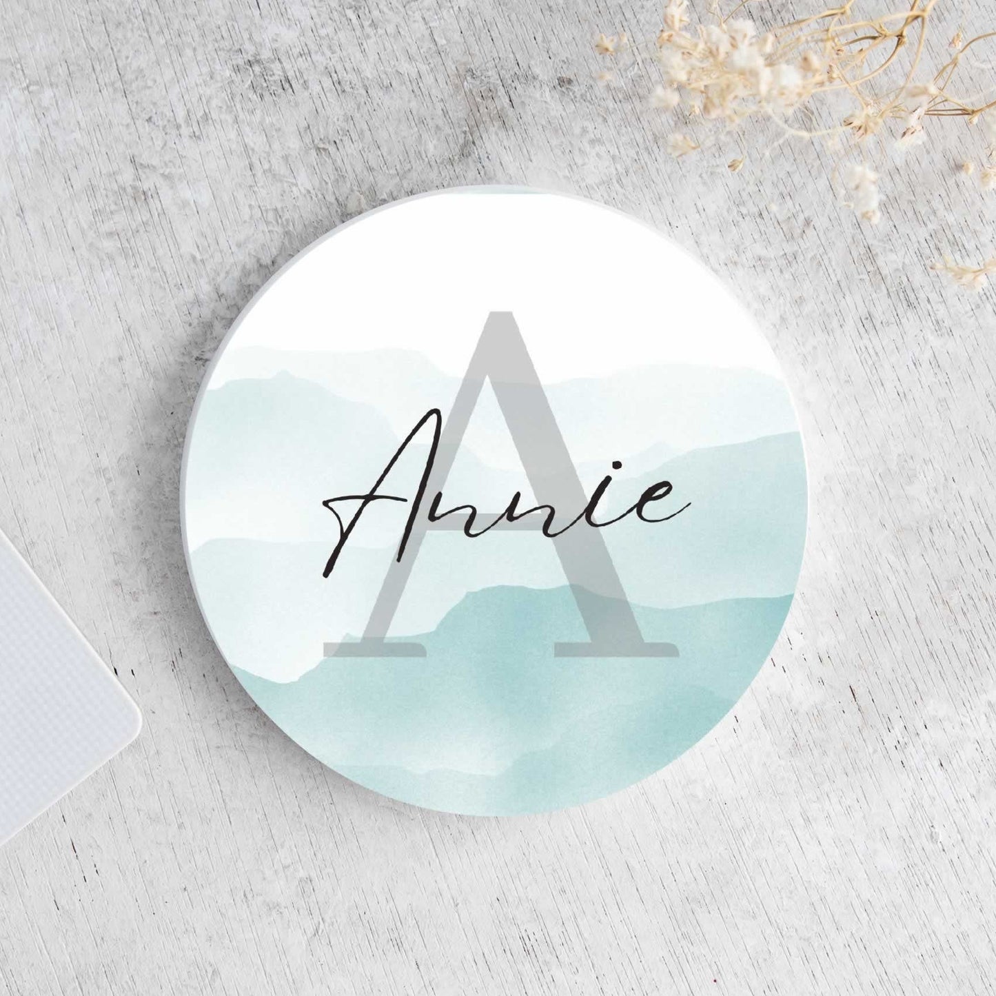 Personalised Initial Name Watercolour Ceramic Round Coaster