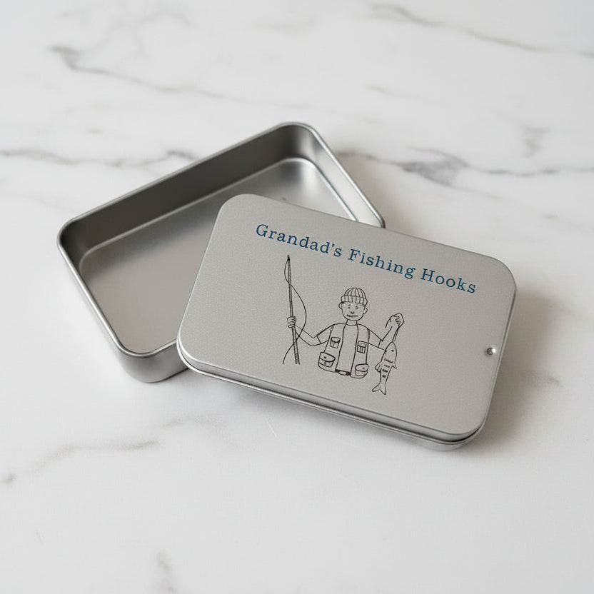 Personalised Name Fishing Hooks Pocket Sized Metal Storage Tin