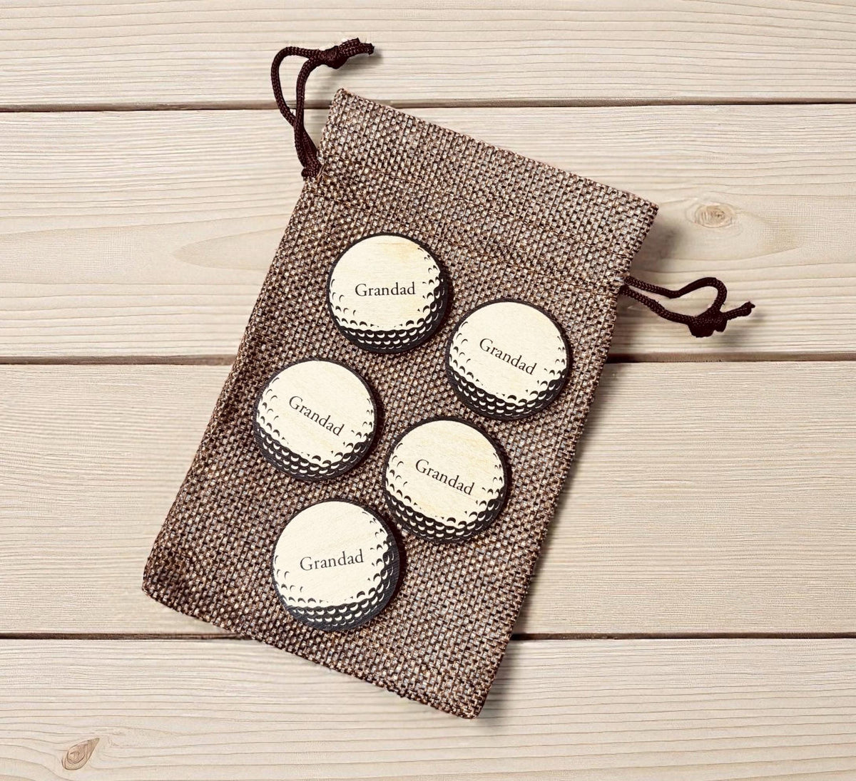 Personalised Name Wooden Golf Ball Markers Set of Five In Jute Gift Bag