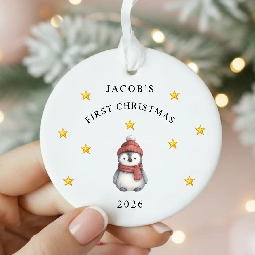 Personalised Baby's 1st Christmas Ceramic Ornament | Cute Penguin Keepsake