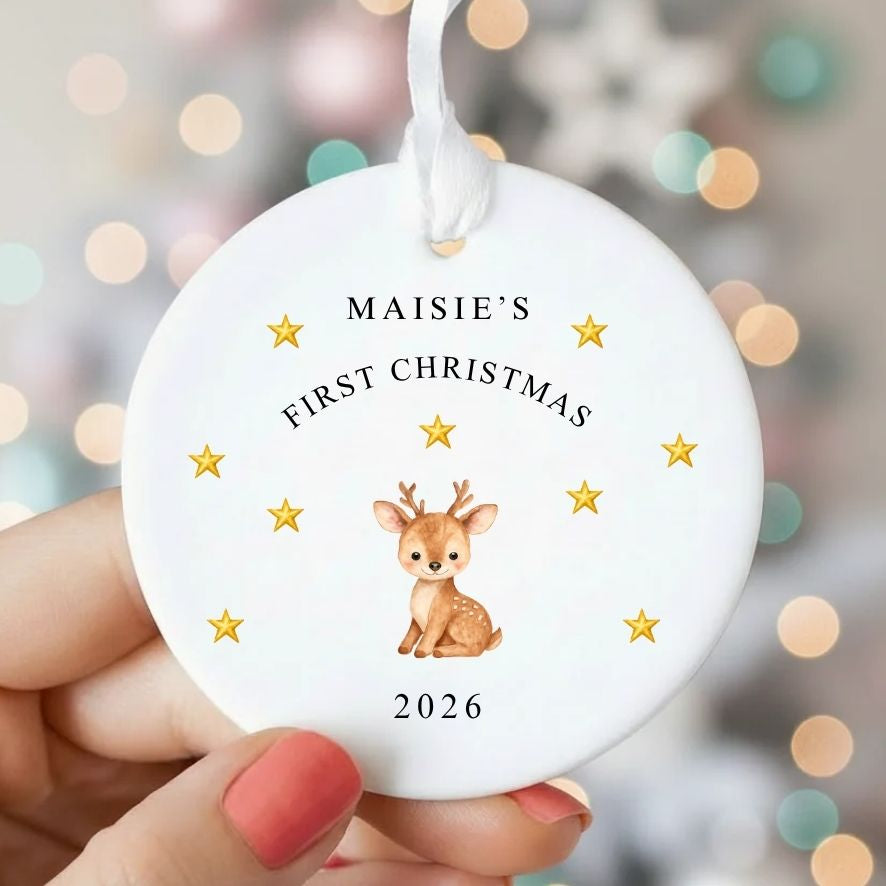Personalised Baby's First Christmas Deer Ceramic Keepsake Bauble Gift