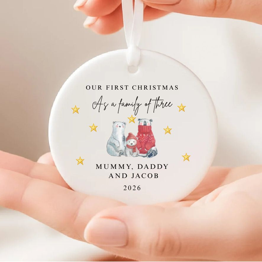 Personalised Family Of Three Four Five First Christmas Ceramic Bauble