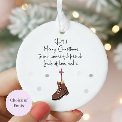 Personalised Wording Hiking Boot Ceramic Christmas Bauble