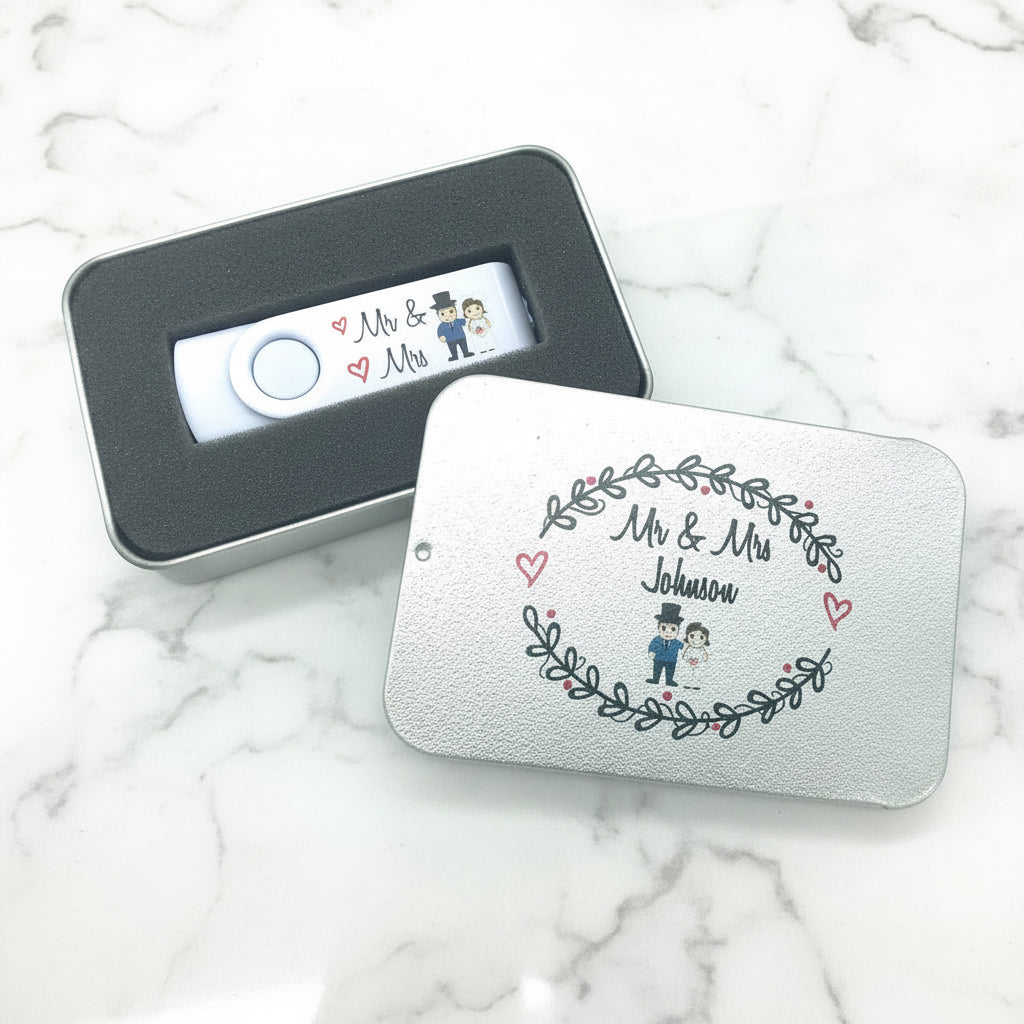 Personalised Mr & Mrs Wedding Photos USB Flashdrive In Presentation Tin