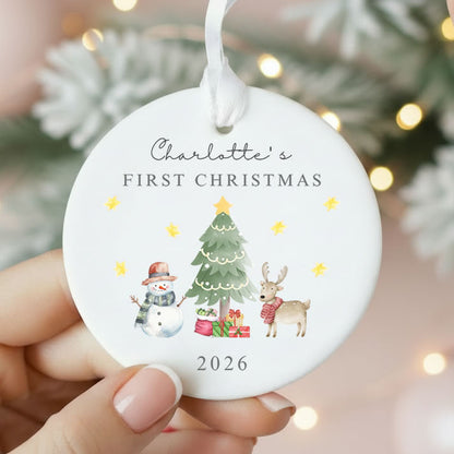 Personalised Baby's 1st Christmas Ceramic Bauble Watercolour Scene