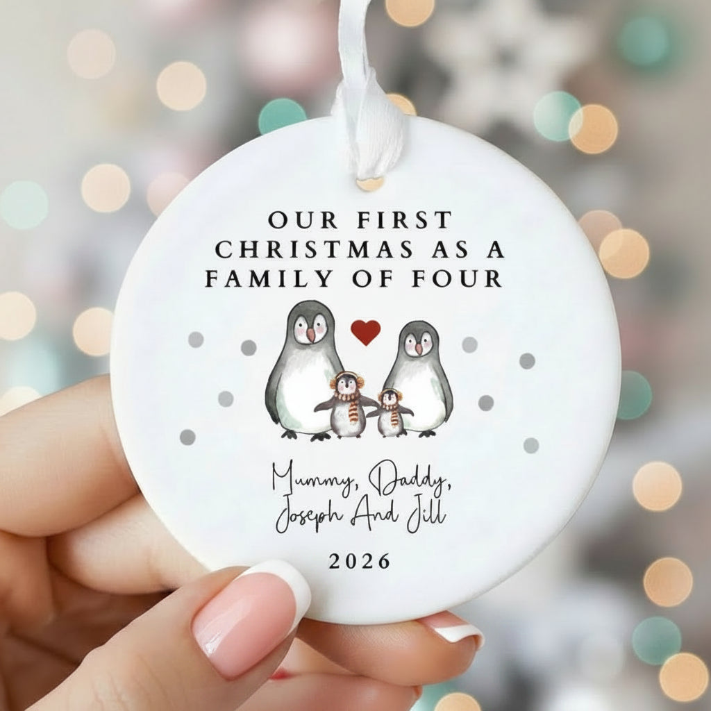 Personalised First Christmas As Family Of Four Ceramic Bauble