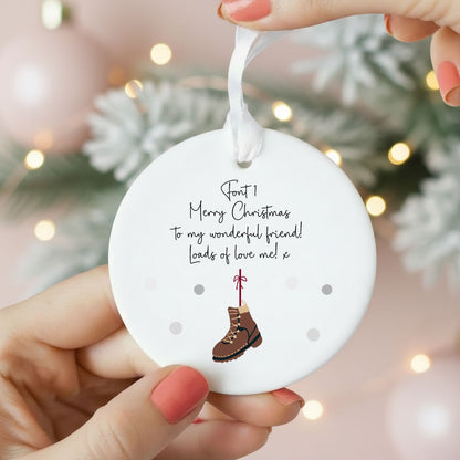 Personalised Wording Hiking Boot Ceramic Christmas Bauble