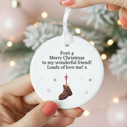 Personalised Wording Hiking Boot Ceramic Christmas Bauble