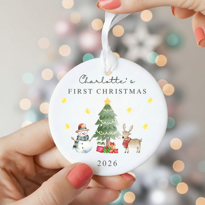 Personalised Baby's 1st Christmas Ceramic Bauble Watercolour Scene