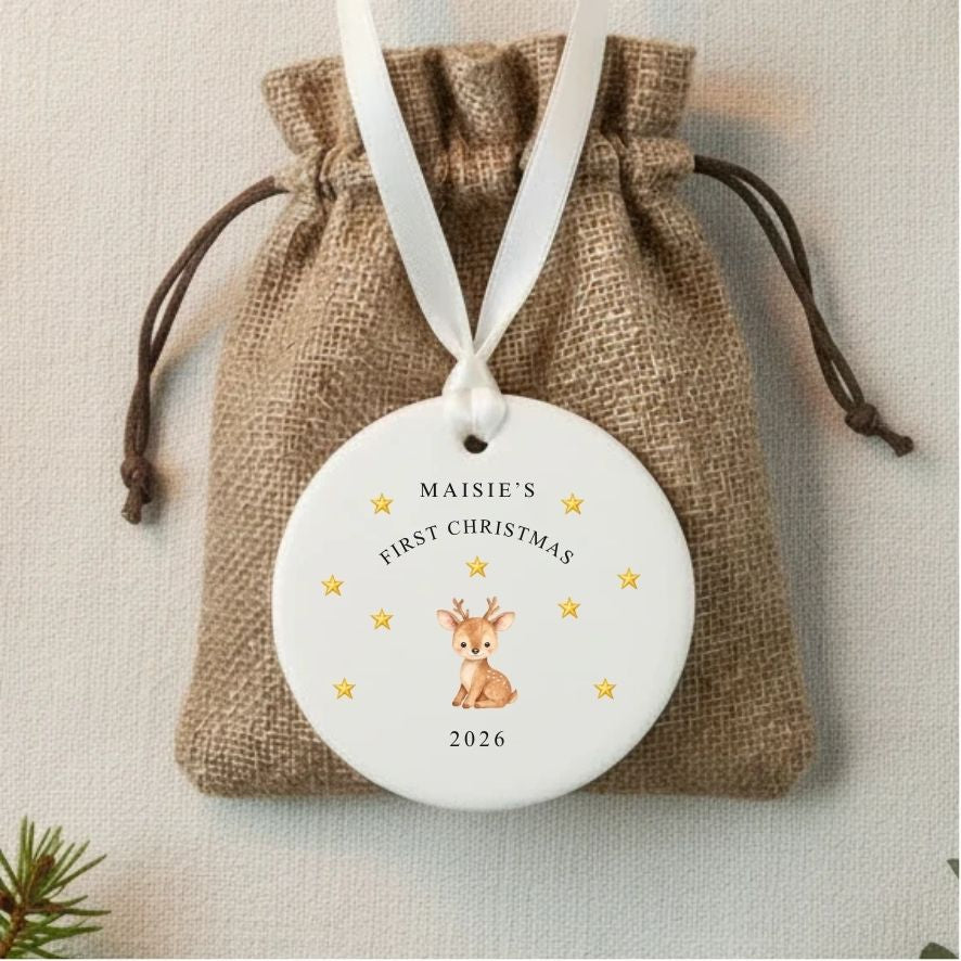 Personalised Baby's First Christmas Deer Ceramic Keepsake Bauble Gift