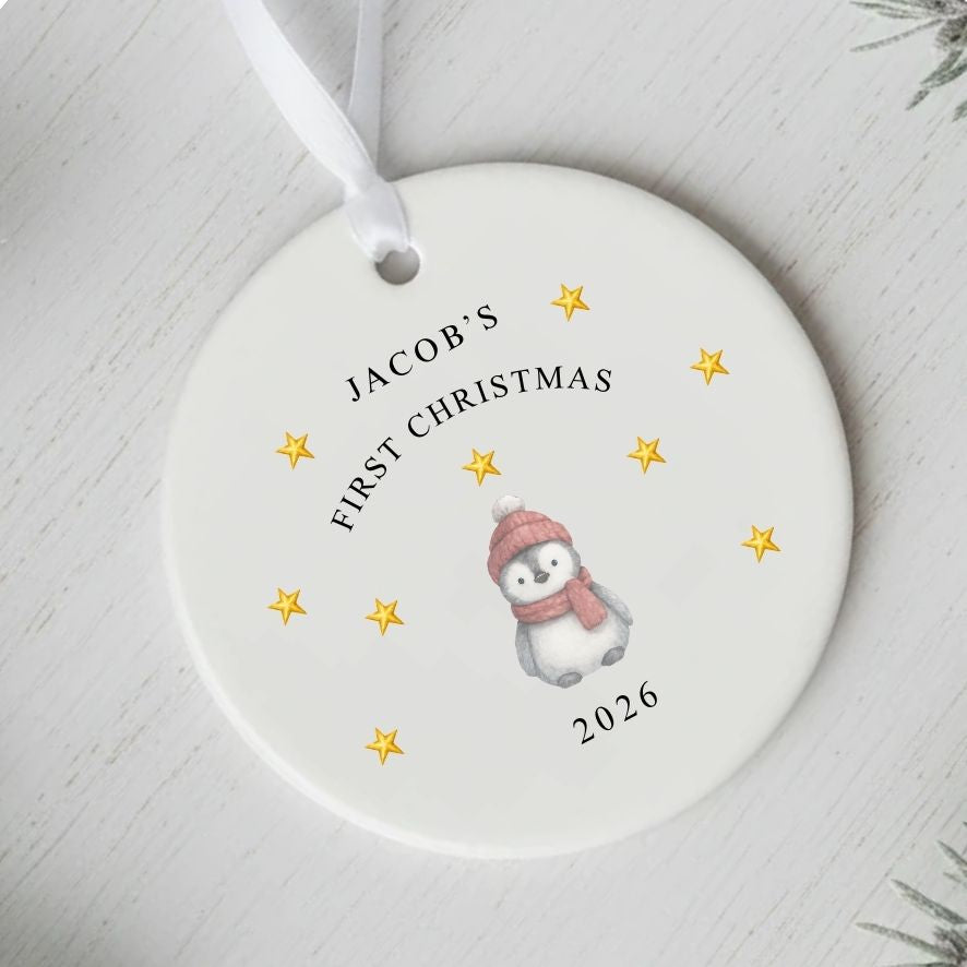 Personalised Baby's 1st Christmas Ceramic Ornament | Cute Penguin Keepsake