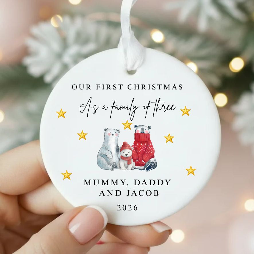 Personalised Family Of Three Four Five First Christmas Ceramic Bauble