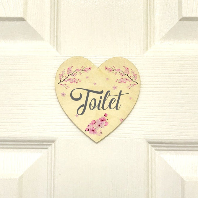 Wooden Toilet Door Sign - Heart Shaped Cherry Blossom Design