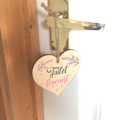 Engaged Vacant Cherry Blossom Toilet Door - Double Sided Wooden Heart Sign