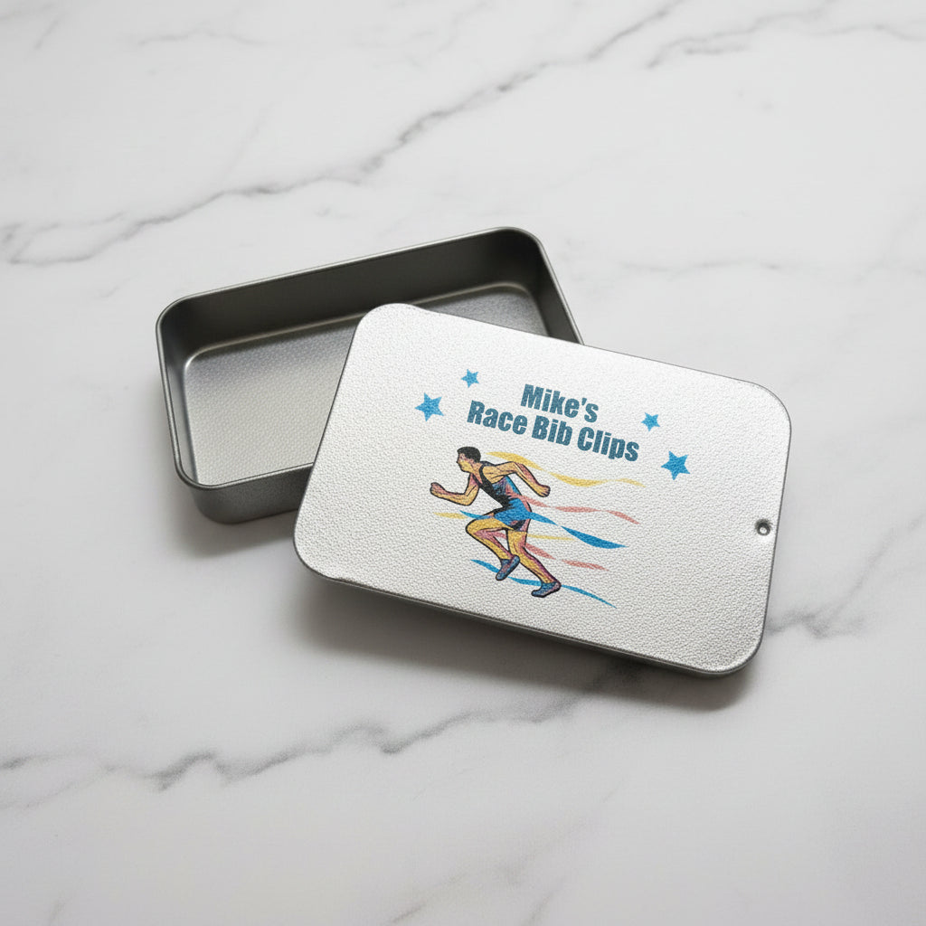 Personalised Name Running Bib Clips Metal Tin