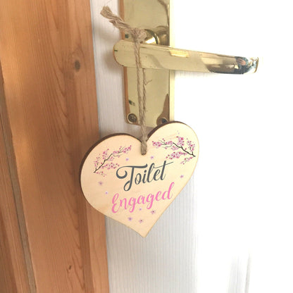 Engaged Vacant Cherry Blossom Toilet Door - Double Sided Wooden Heart Sign