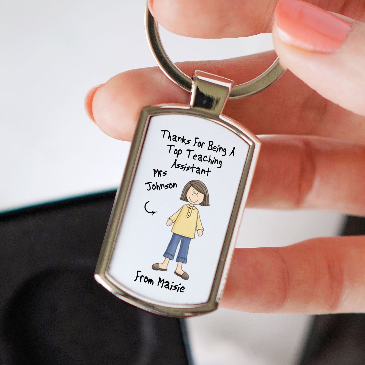 Personalised Female Top Teaching Assistant Metal Keyring