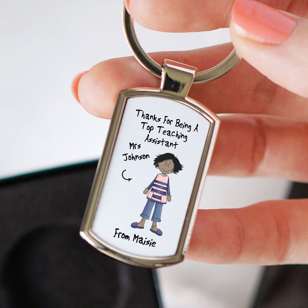 Personalised Female Top Teaching Assistant Metal Keyring