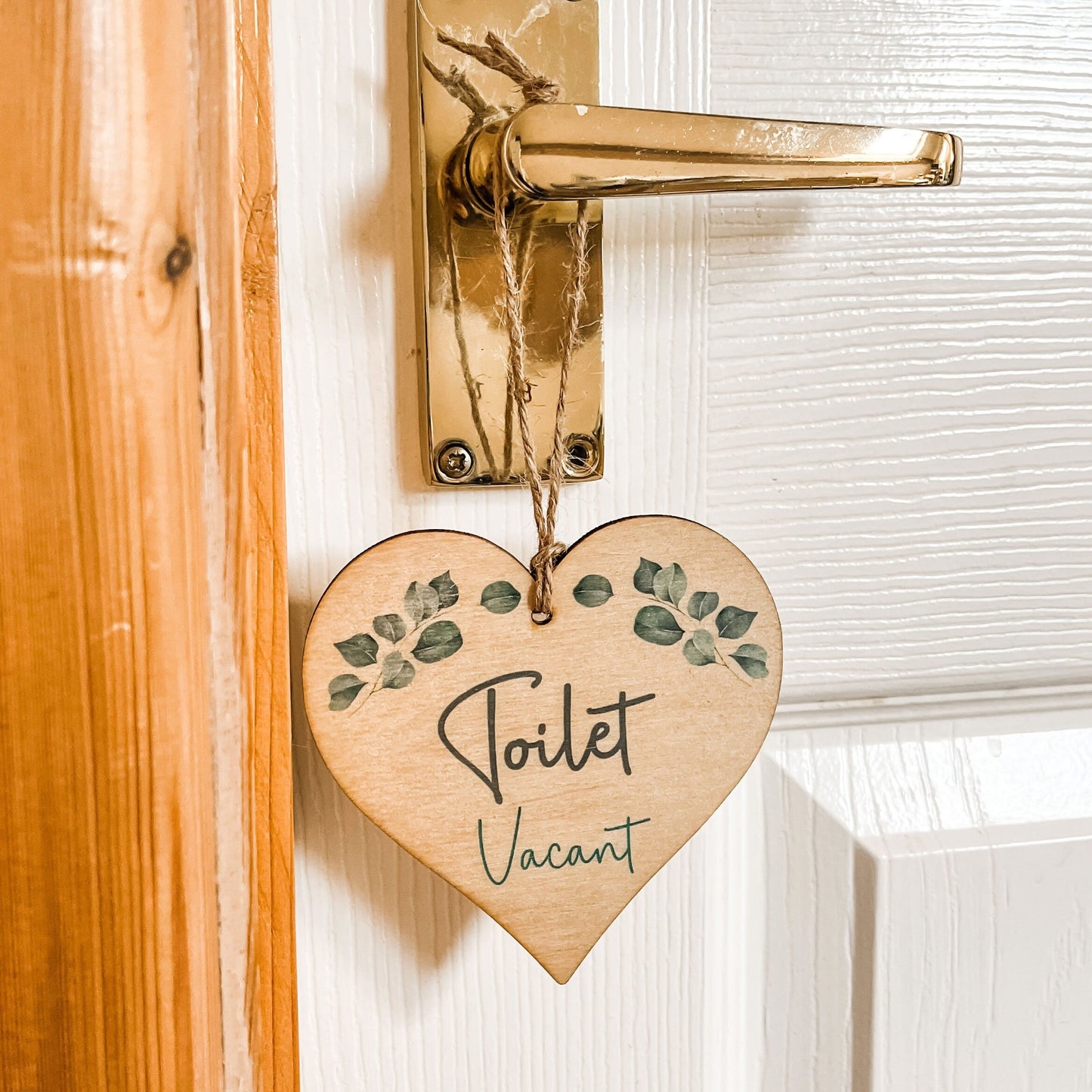 Engaged Vacant Eucalyptus Toilet Door - Double Sided Wooden Heart Sign