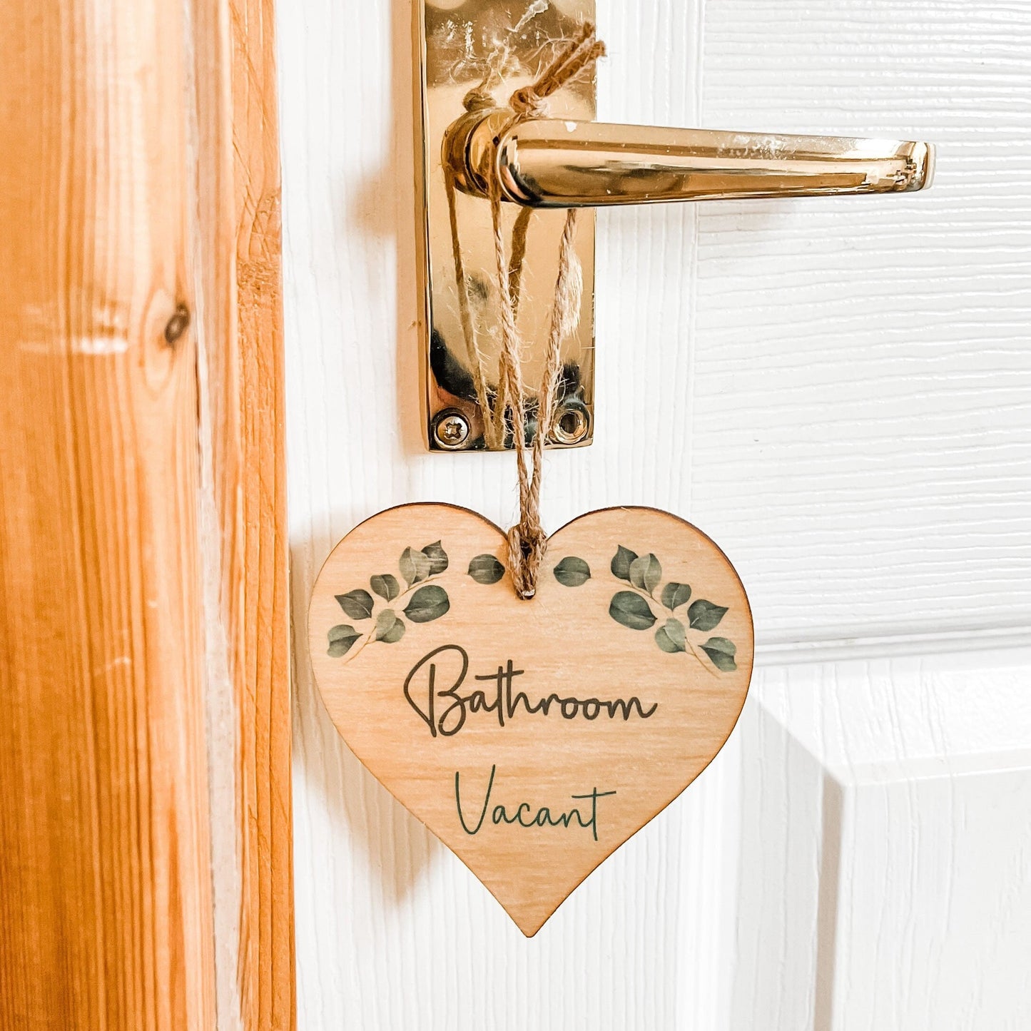Engaged Vacant Eucalyptus Toilet Door - Double Sided Wooden Heart Sign