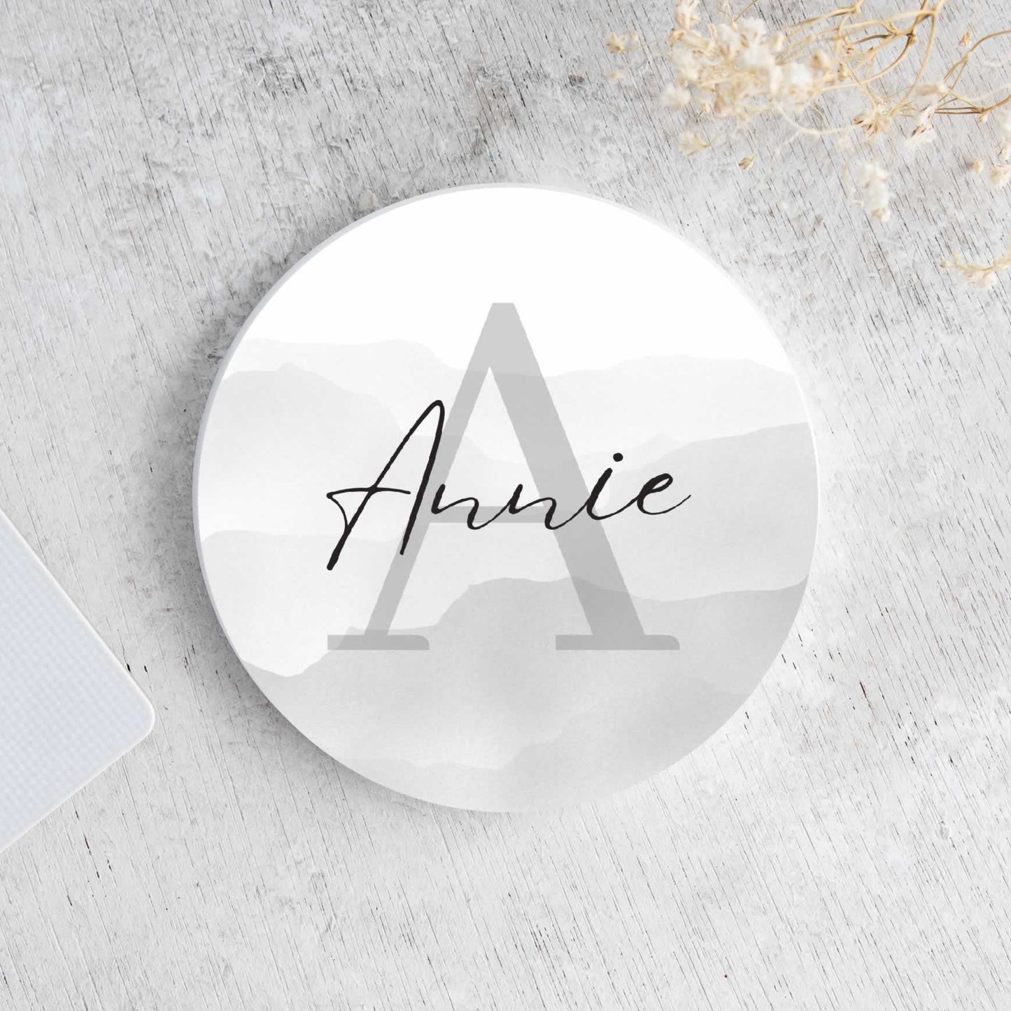Personalised Initial Name Watercolour Ceramic Round Coaster