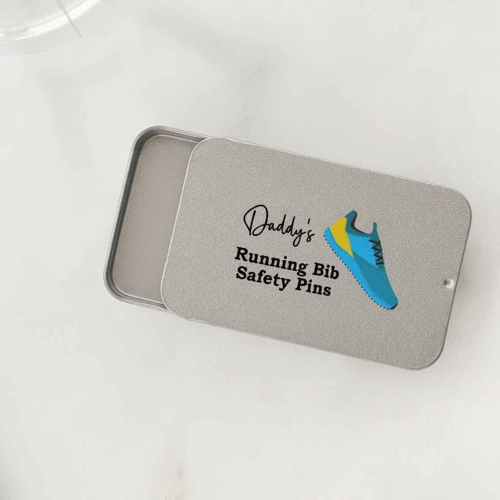 Personalised Name Running Bib Safety Pins Metal Tin
