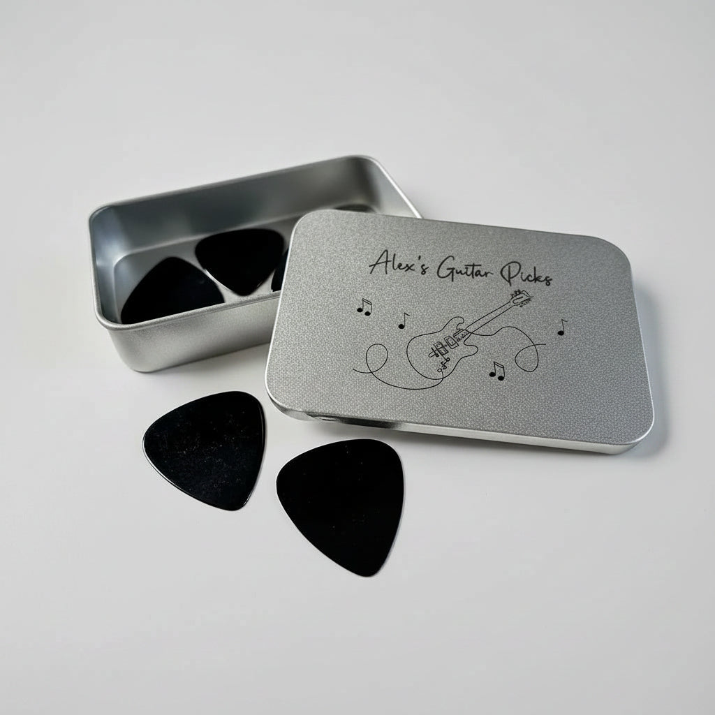 Personalised Name Guitar Picks Pocket Sized Metal Storage Tin