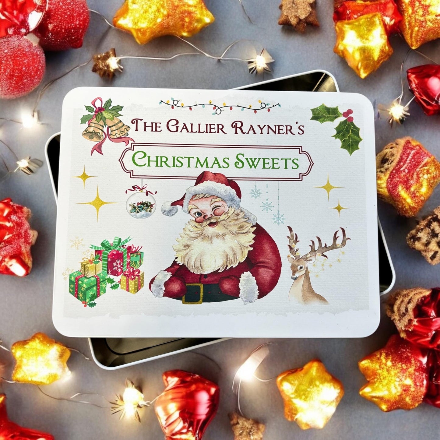 Personalised Family Name Christmas Sweets Vintage Metal Tin