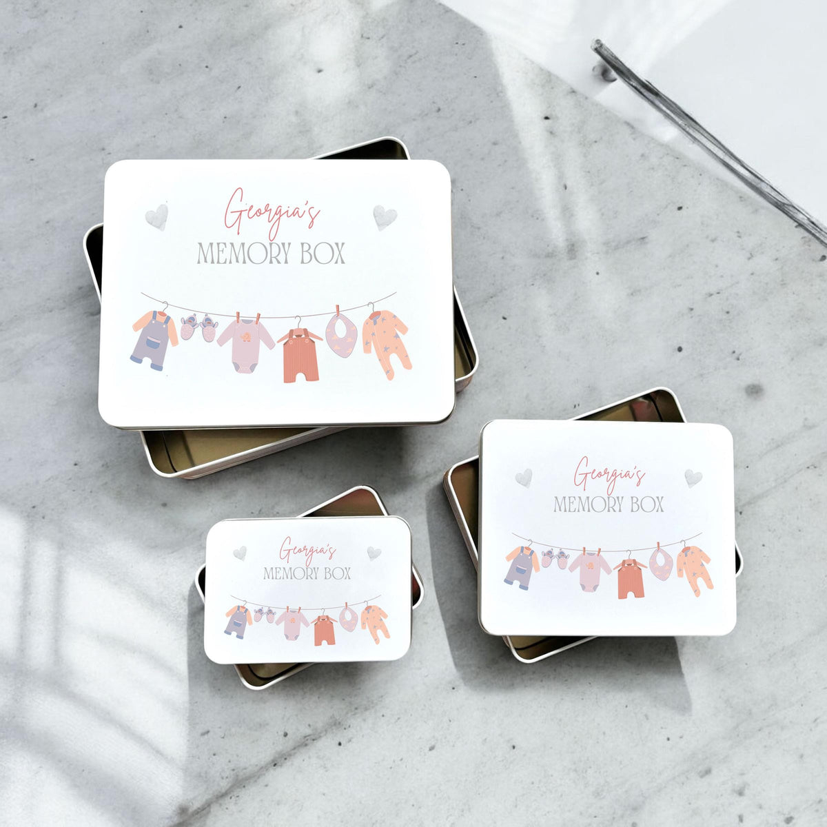 Personalised New Baby Girl Pink Metal Memory Tin