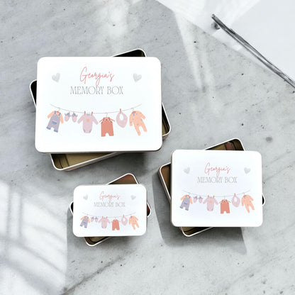 Personalised New Baby Girl Pink Metal Memory Tin