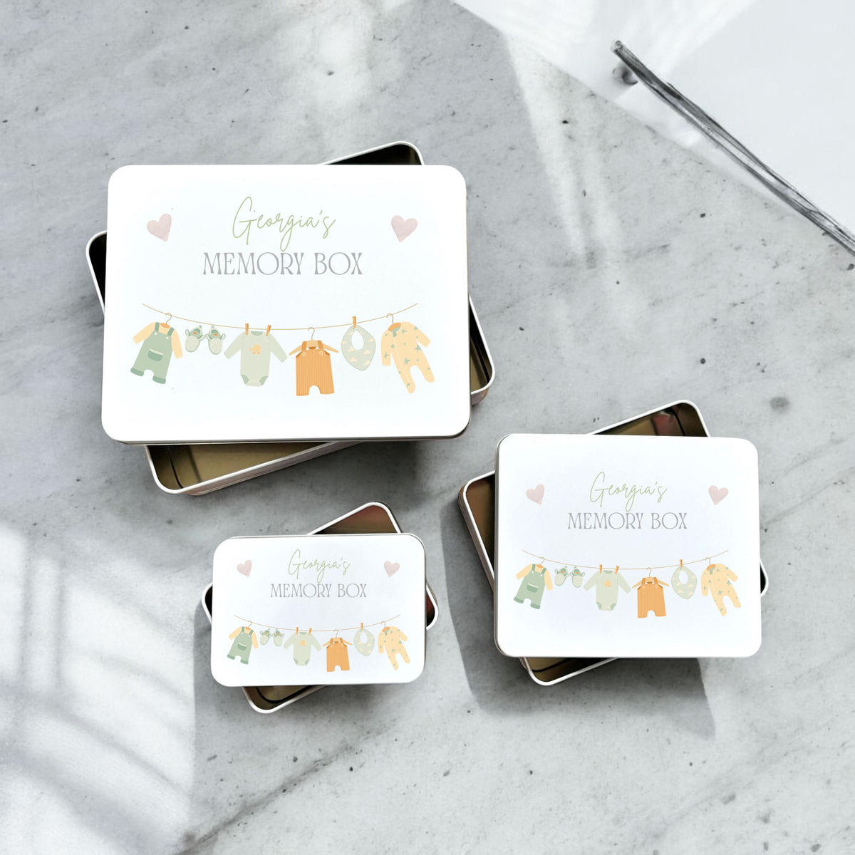 Personalised New Baby Unisex Green Metal Memory Tin