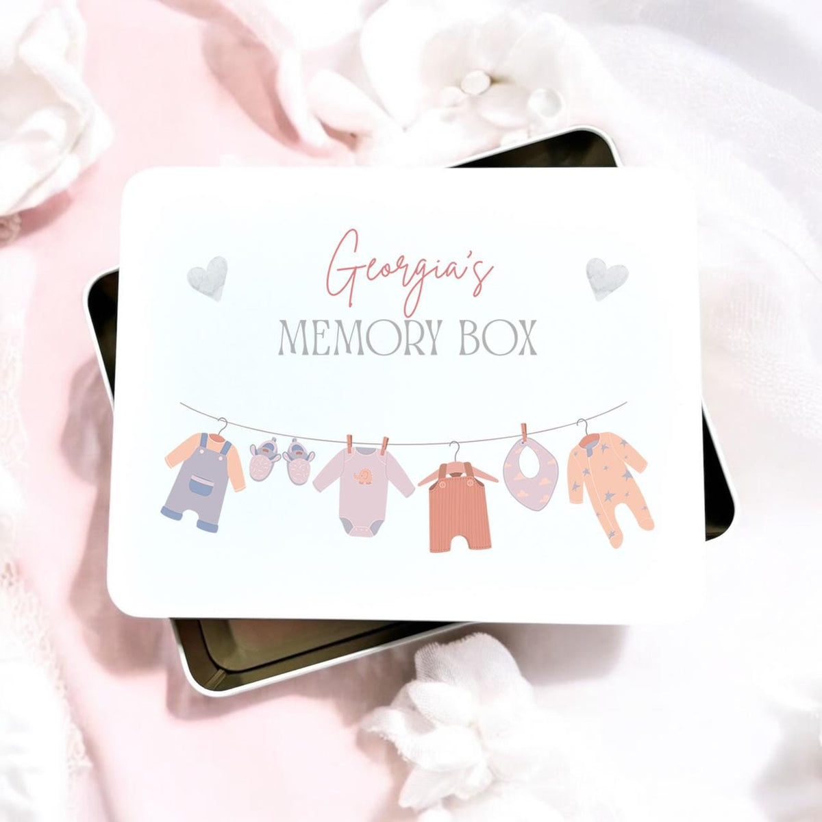 Personalised New Baby Girl Pink Metal Memory Tin