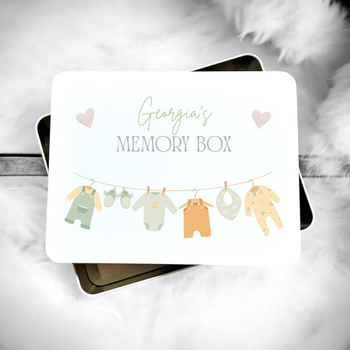Personalised New Baby Unisex Green Metal Memory Tin