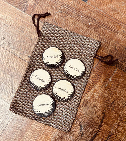 Personalised Name Wooden Golf Ball Markers Set of Five In Jute Gift Bag