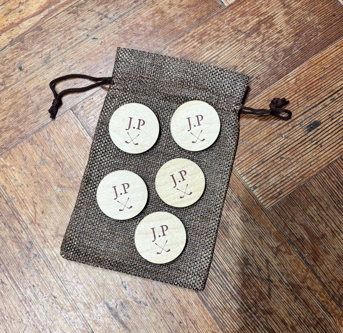 Personalised Intials Wooden Golf Ball Markers Set of Five In Jute Gift Bag