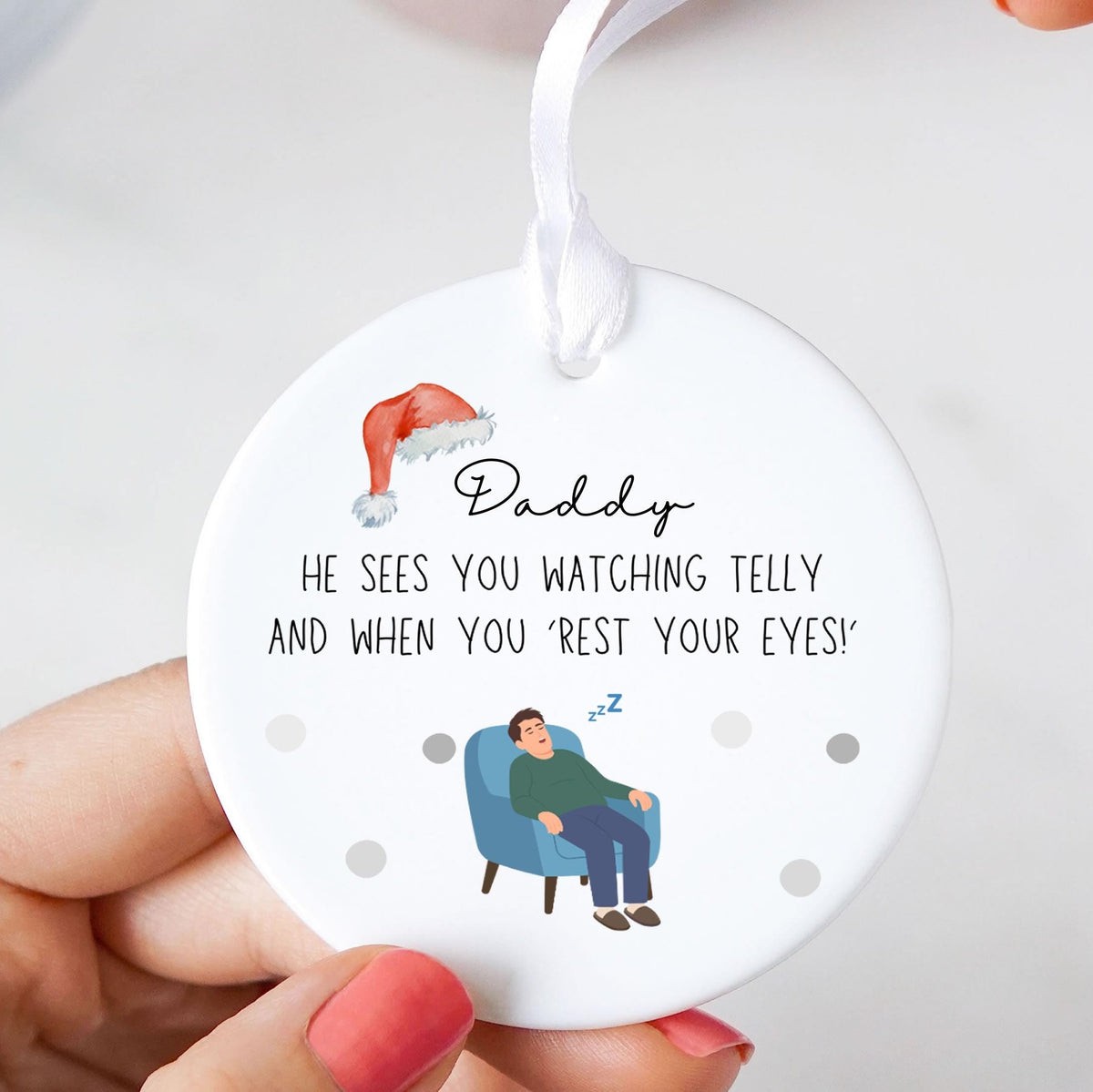 Personalised “He Sees You Watching Telly” Ceramic Christmas Ornament