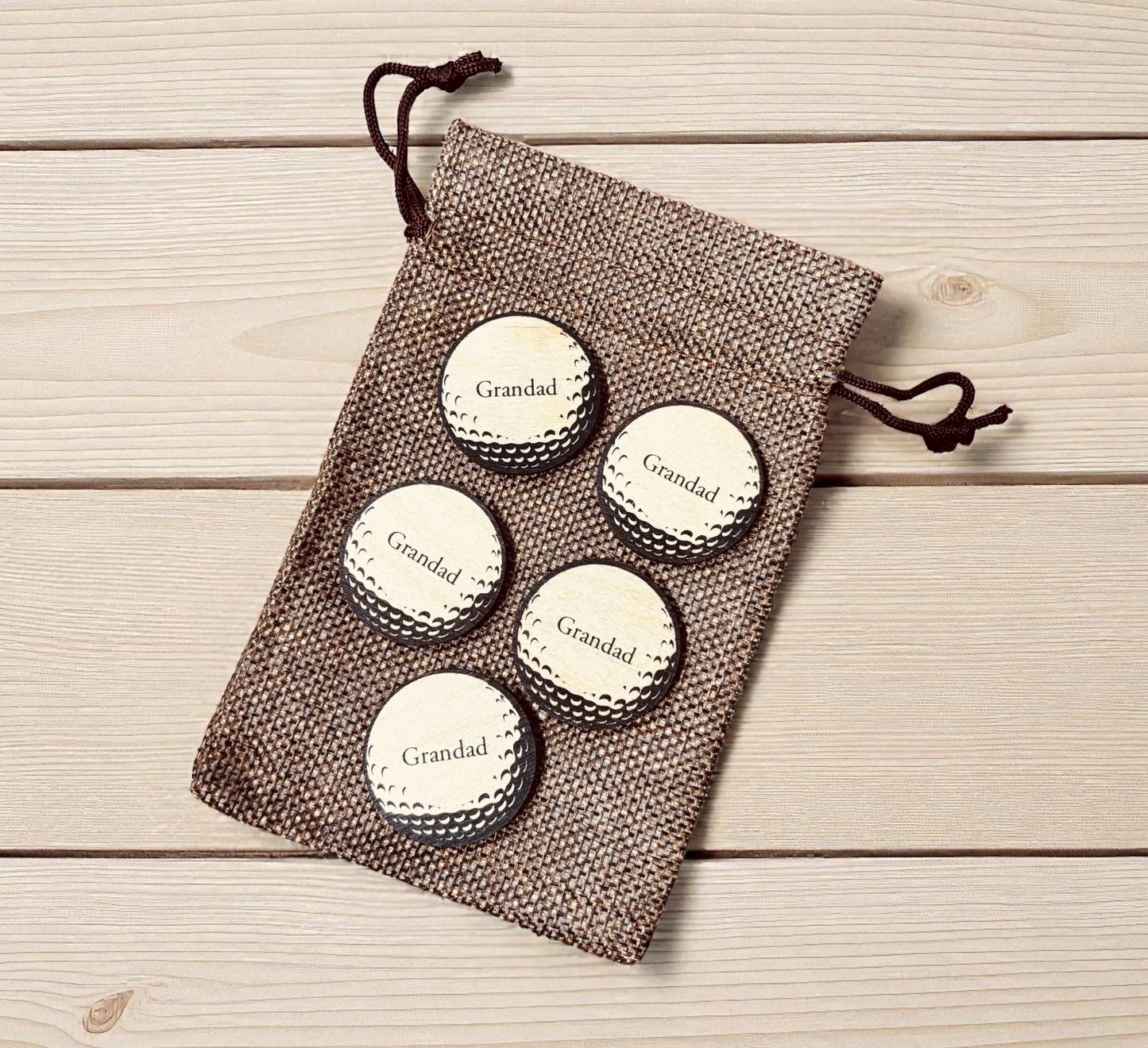 Personalised Name Wooden Golf Ball Markers Set of Five In Jute Gift Bag