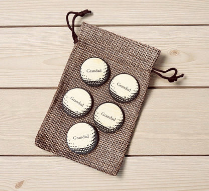 Personalised Name Wooden Golf Ball Markers Set of Five In Jute Gift Bag