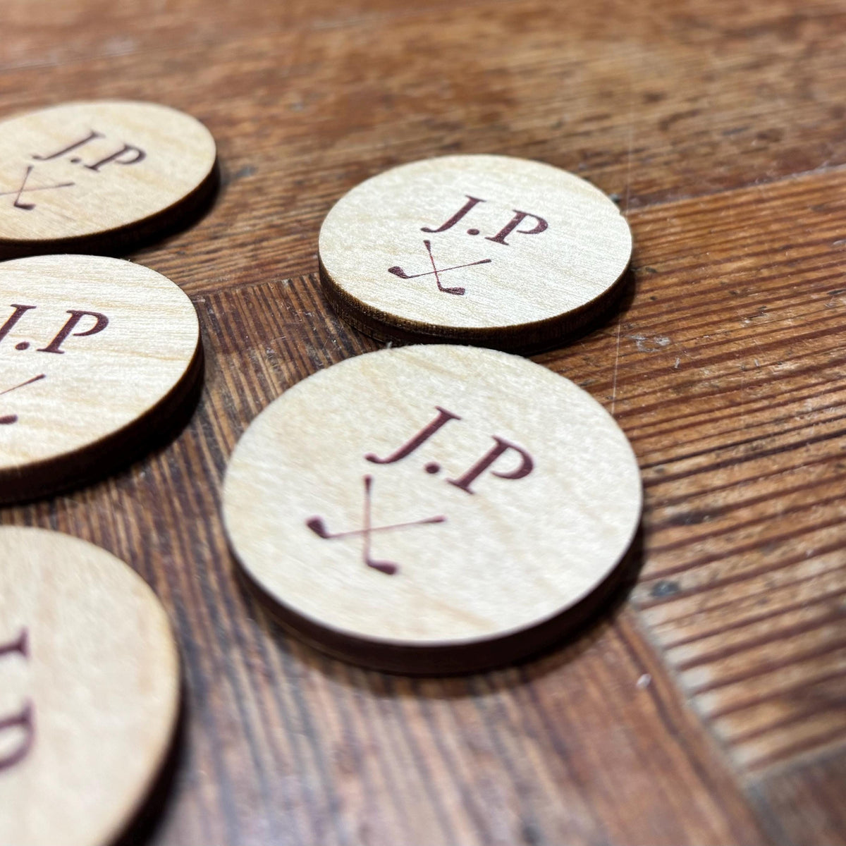 Personalised Intials Wooden Golf Ball Markers Set of Five In Jute Gift Bag