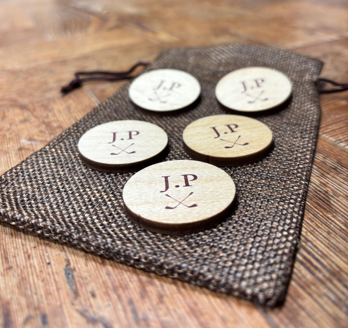 Personalised Intials Wooden Golf Ball Markers Set of Five In Jute Gift Bag