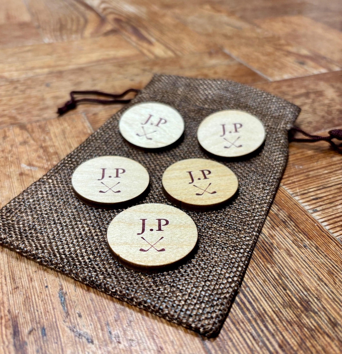 Personalised Intials Wooden Golf Ball Markers Set of Five In Jute Gift Bag